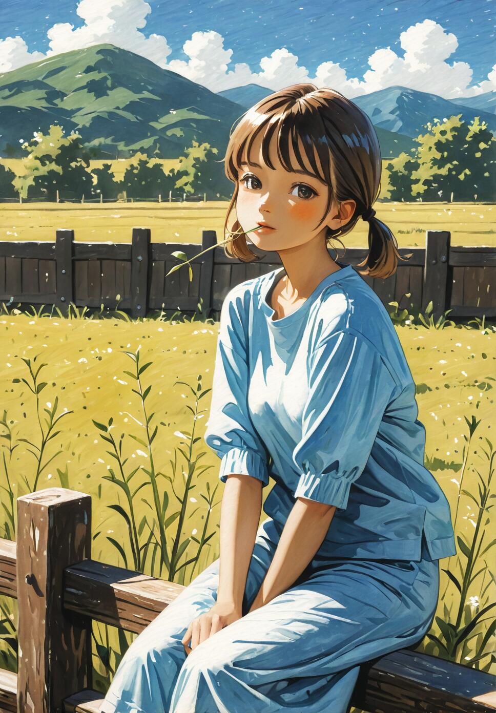 An anime-style illustration of a young woman with short brown pigtails, wearing a blue outfit and sitting on a wooden fence in a sunny, rural field with mountains in the background. She has a blade of grass in her mouth.