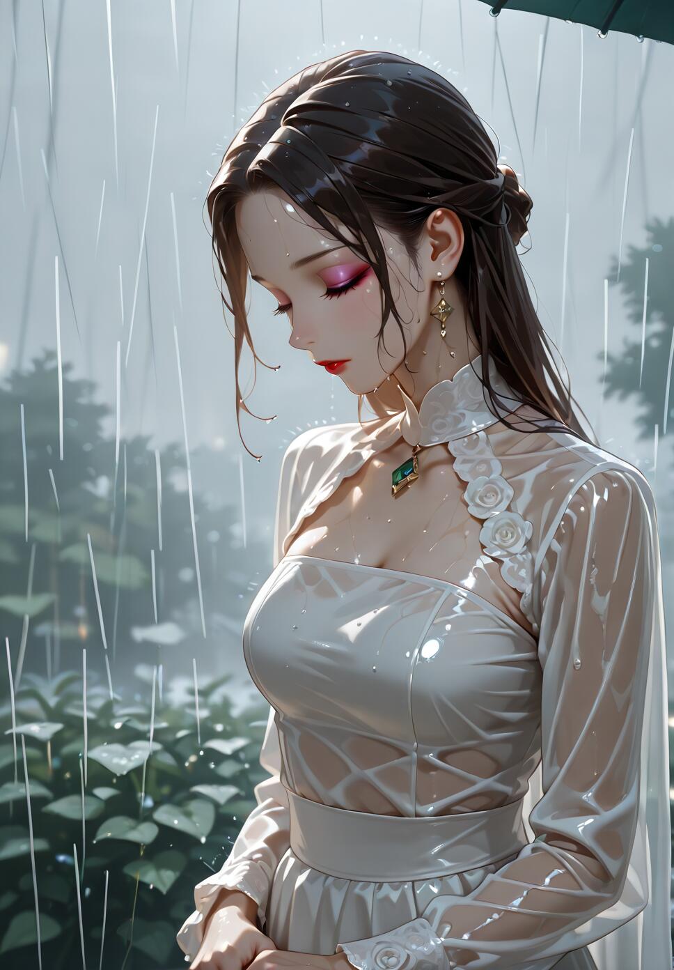 A serene portrait of an elegant woman with dark hair and makeup, her eyes closed as she stands in the rain. She is wearing a sophisticated wet white dress with sheer sleeves and a high collar.