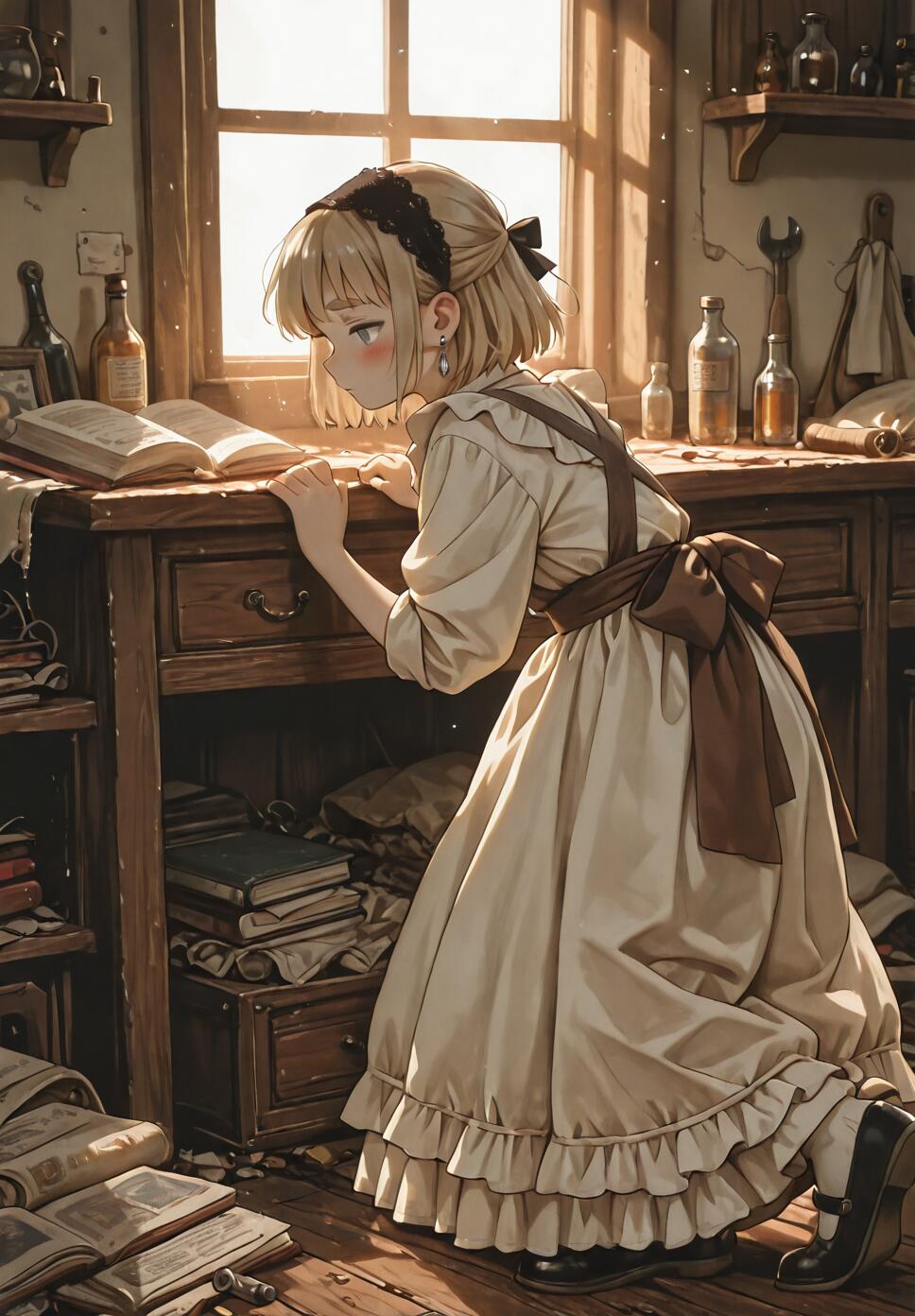 An anime-style illustration of a young girl with short blonde hair in a vintage white and brown dress, kneeling in a cluttered, sunlit workshop and leaning over a wooden desk to read a large, open book.