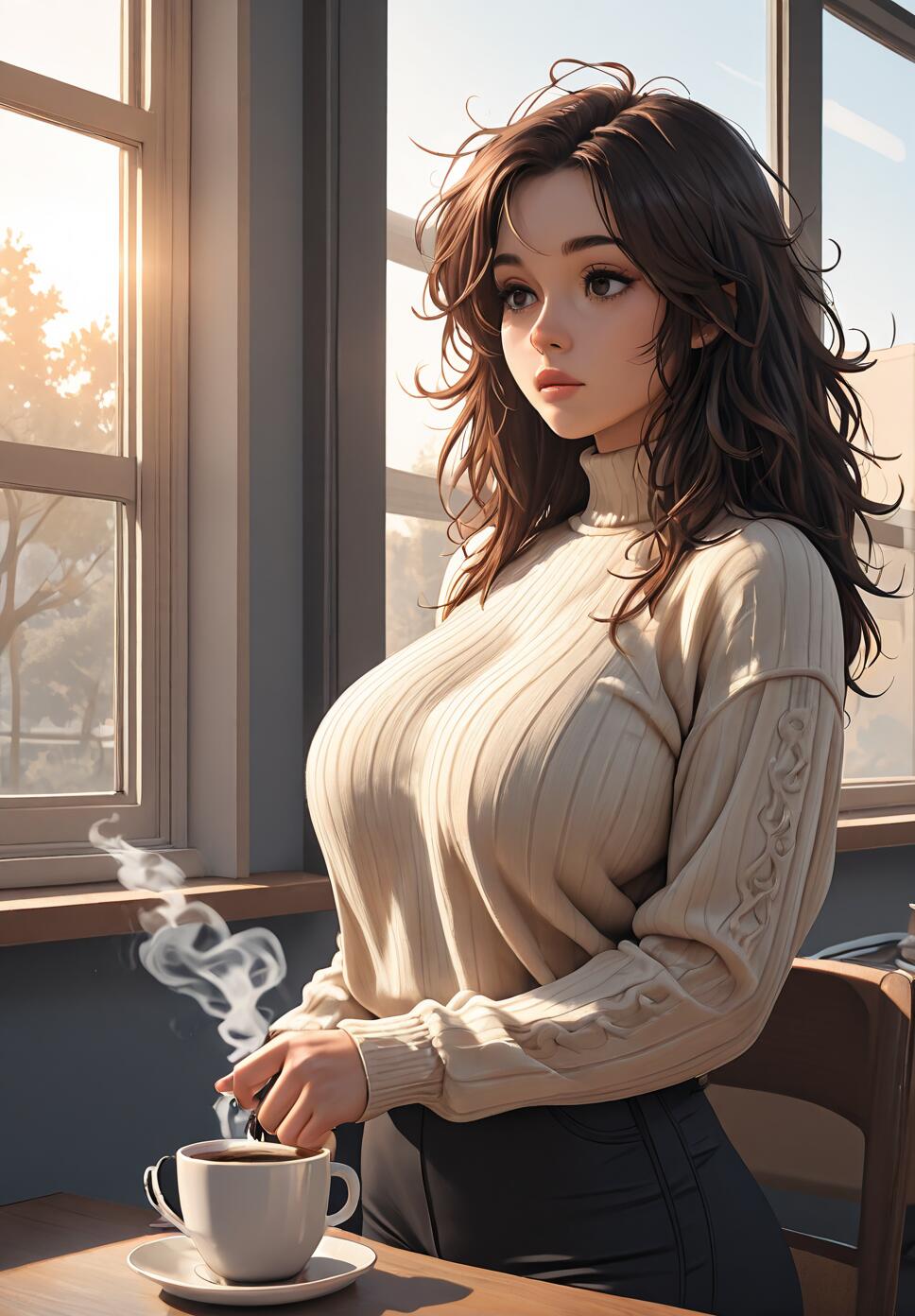 A young woman with long, wavy brown hair in a cream turtleneck sweater sits at a table, holding a steaming cup of coffee and looking out a sunlit window.
