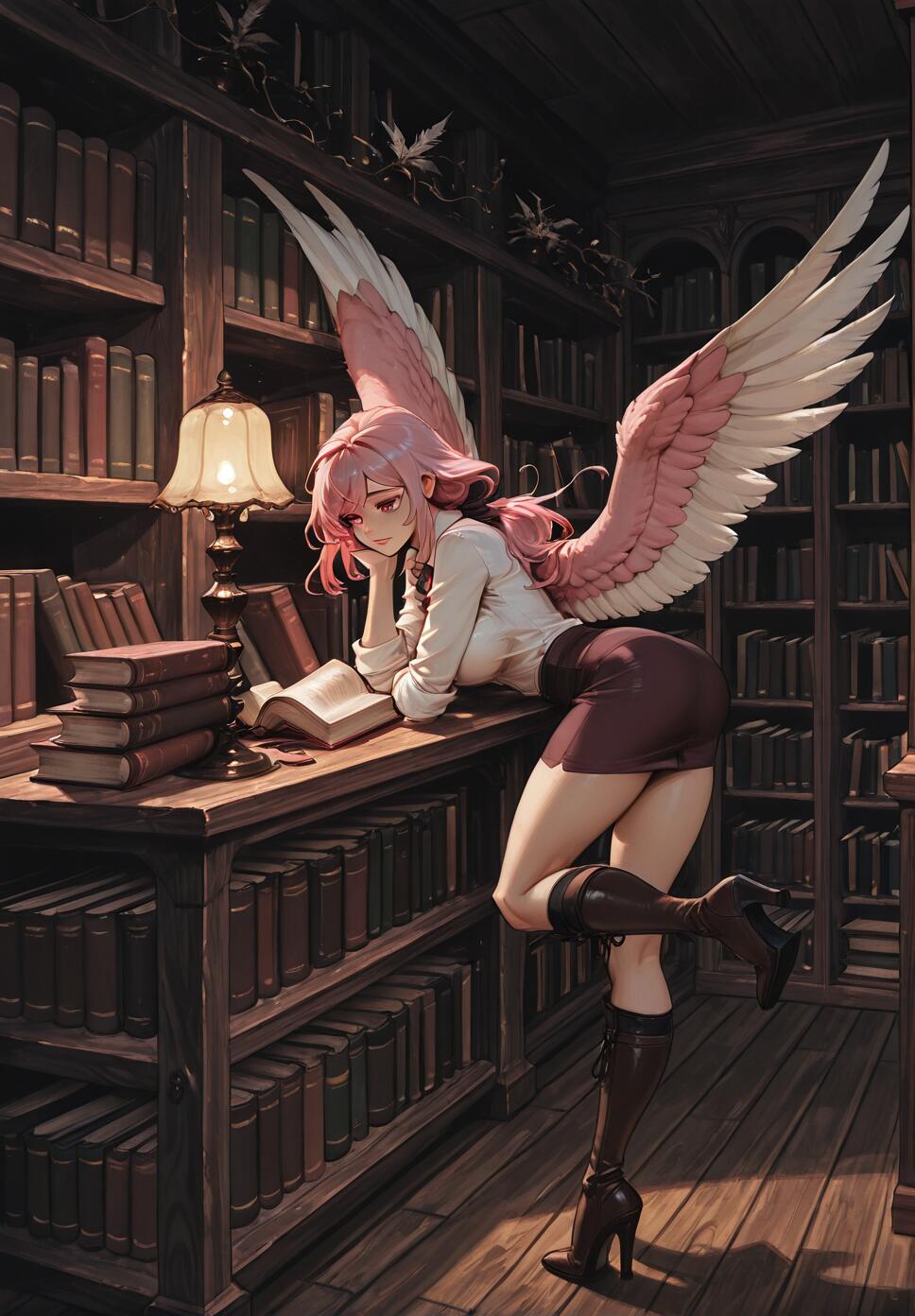 An illustration of Flamelapice from Granblue Fantasy, a young woman with short pink hair and large pink wings, standing in a dark library. She is wearing a white shirt, a maroon skirt, and tall brown boots, leaning over a desk with a book and a lit lamp.
