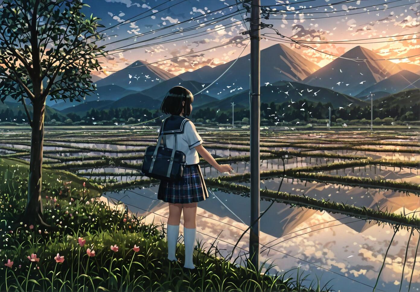 An anime-style illustration of a Japanese schoolgirl in a sailor uniform standing on a grassy bank, looking out over a rural landscape of rice paddies and mountains during a vibrant sunset. The sky and mountains are reflected in the water of the fields.