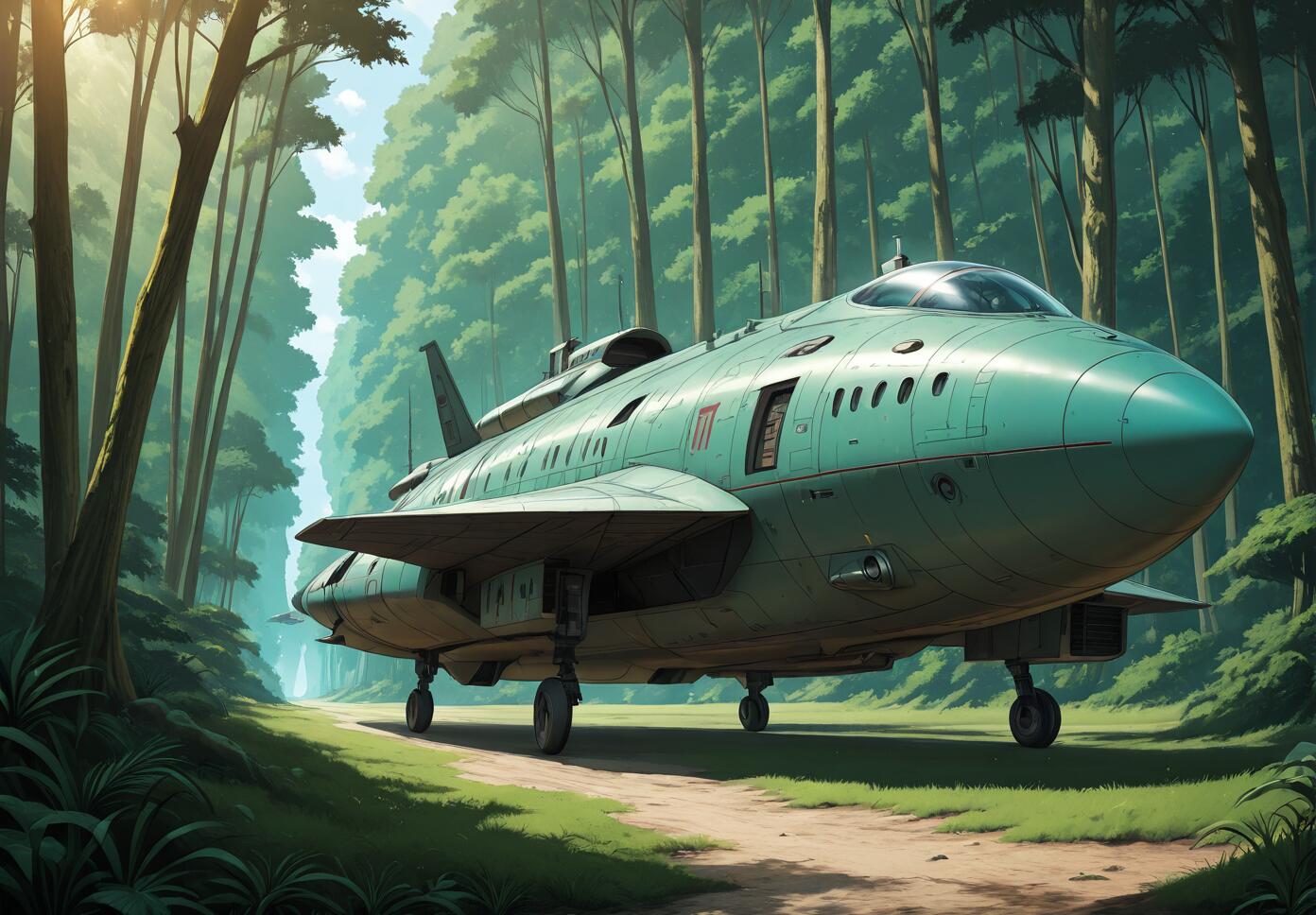 A light green, retro-futuristic spaceship with its landing gear down, parked on a dirt path in the middle of a lush, green forest with tall trees, depicted in a detailed anime art style.
