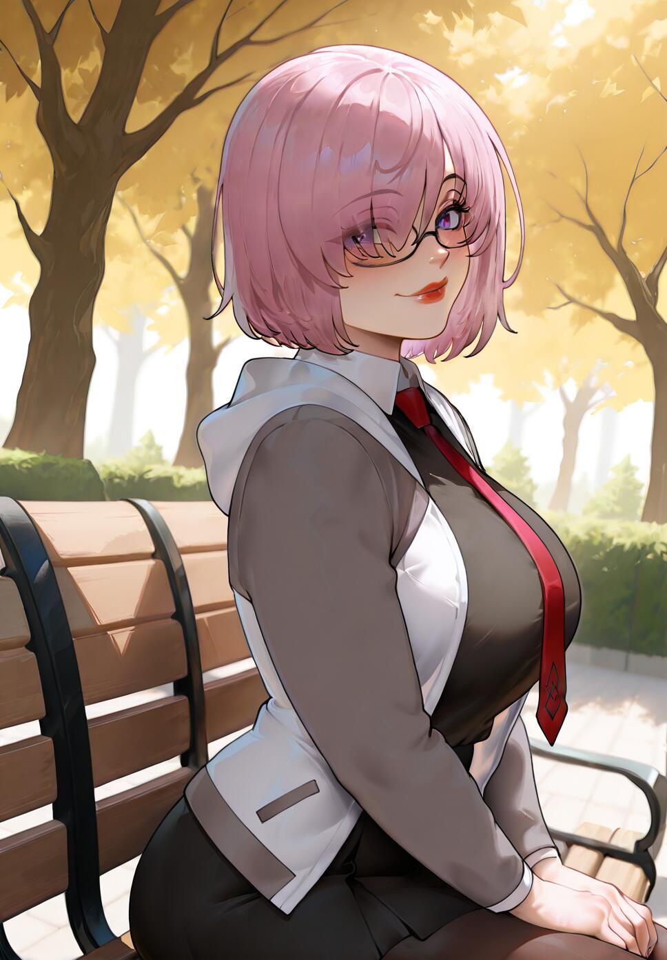 An anime-style illustration of Mash Kyrielight, a girl with short pink hair and glasses, sitting on a park bench. She is wearing a grey hooded jacket over a black dress with a red tie and is smiling towards the viewer.