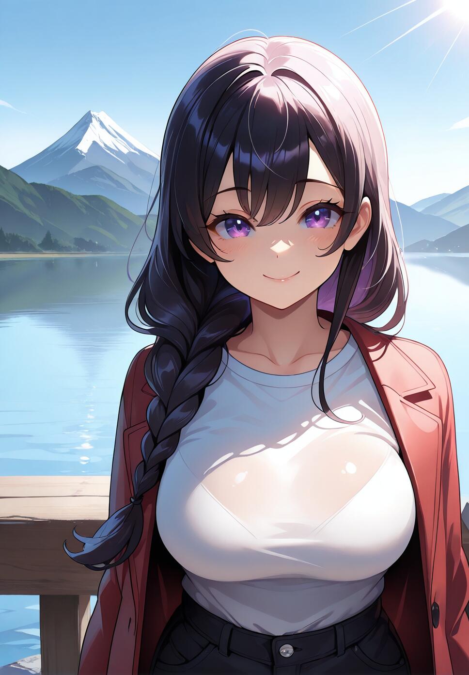 An anime-style girl with long black hair in a braid and purple eyes, smiling at the camera. She wears a white shirt and red jacket, standing by a lake with a snow-capped mountain in the background under a sunny sky.