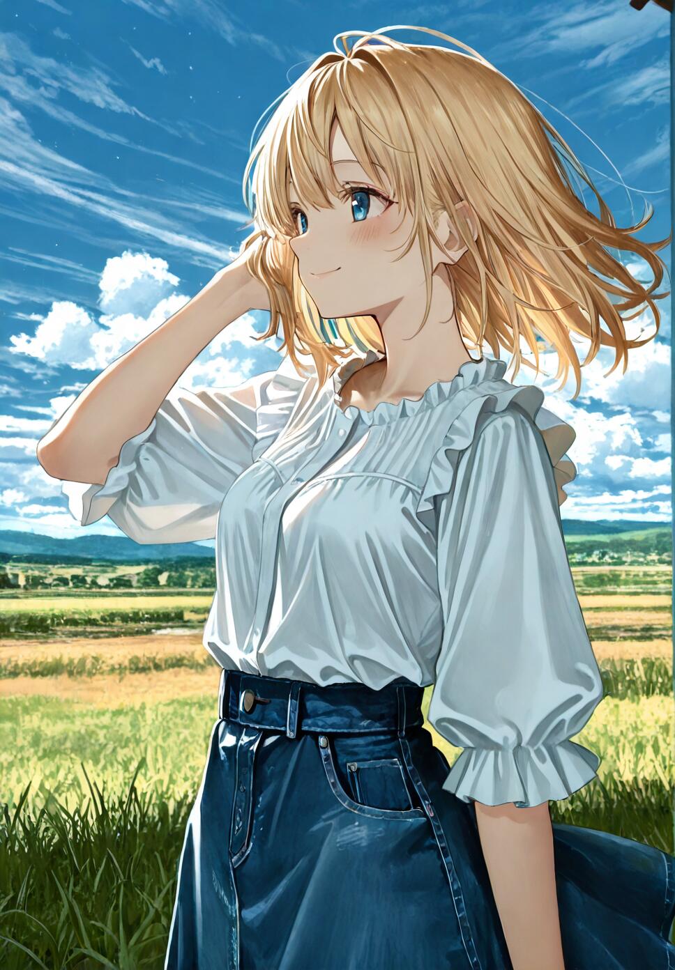 An anime girl with short blonde hair and a white blouse standing in a grassy field on a sunny day. She is smiling and looking to the side, with her hand in her hair, against a backdrop of a blue sky with clouds.
