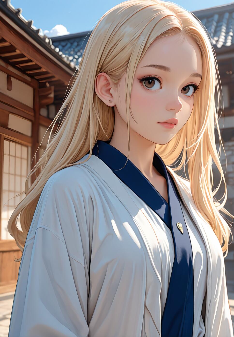 A digital illustration of a young woman with long blonde hair and brown eyes. She is wearing a light gray and blue traditional robe and stands in front of a Japanese-style building on a sunny day.