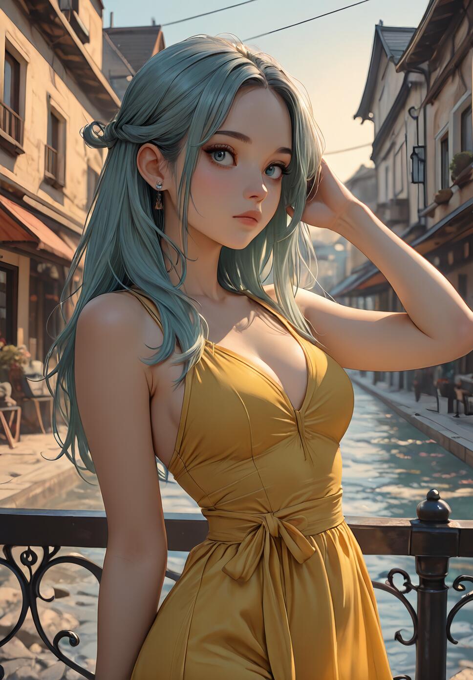 An illustration of a young woman with long, muted blue-green hair and a yellow dress, leaning against a black railing next to a canal in a European-style town.