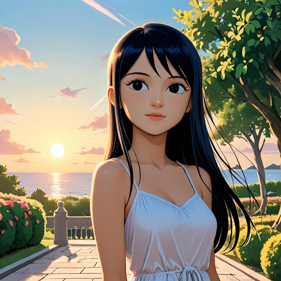 An anime-style illustration of a young woman with long black hair in a white summer dress, standing on a stone path in a park overlooking the ocean at sunset.