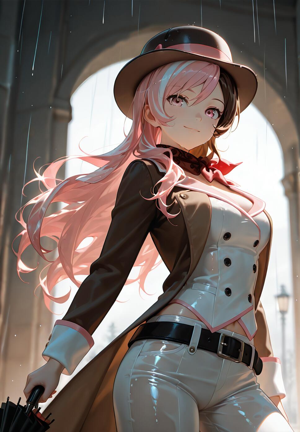 A full-length illustration of Neopolitan from RWBY smiling at the viewer. She has long pink and brown hair, wears a brown bowler hat, a brown coat over a white vest, and shiny white pants, while holding a closed umbrella in the rain.
