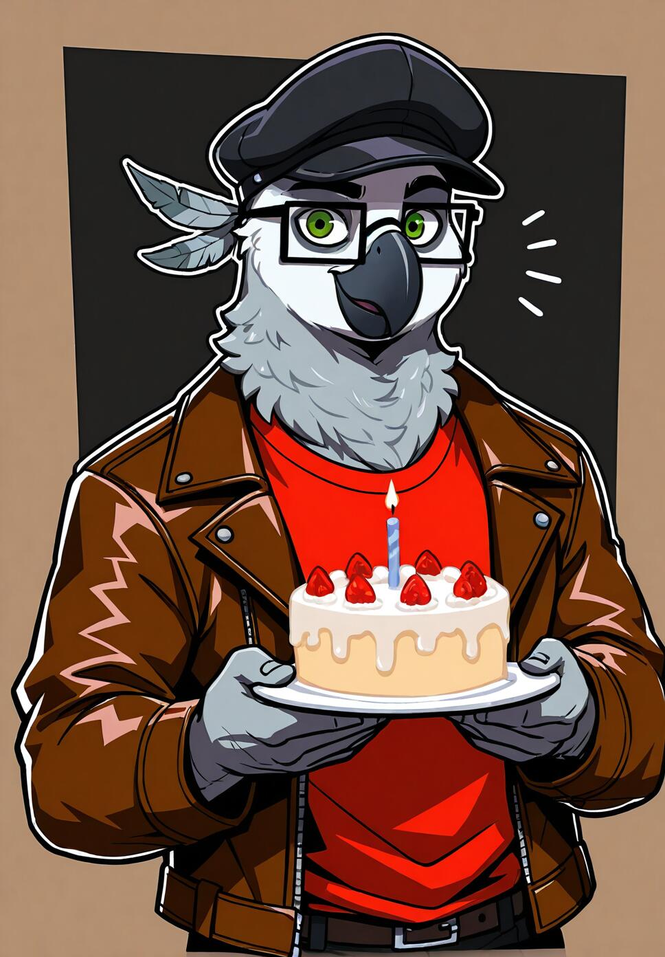 An anthropomorphic grey parrot with green eyes, glasses, a black cap, and a brown leather jacket, smiling as he holds a birthday cake with one lit candle.