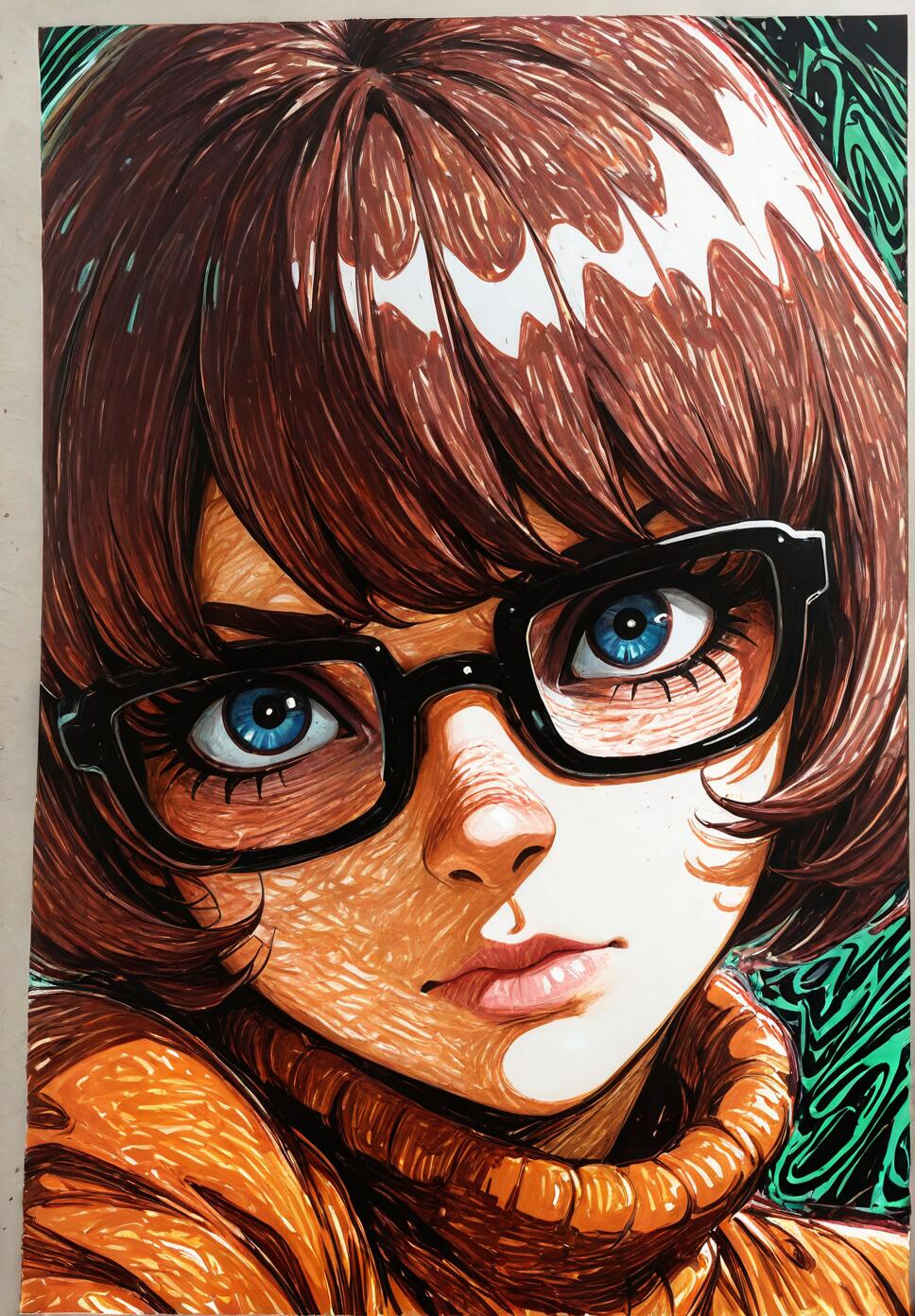 A close-up artistic portrait of Velma Dinkley from Scooby-Doo. She has short brown hair, large square glasses, and an orange turtleneck sweater. The art style features prominent hatching lines, and she has bright blue eyes.