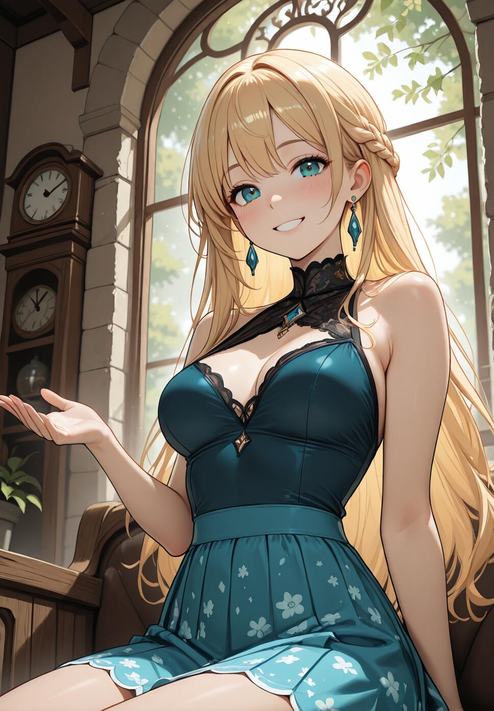 An anime-style illustration of a young woman with long blonde hair and blue eyes, smiling warmly at the viewer. She is sitting in front of a large window and wearing a teal dress with a floral skirt.