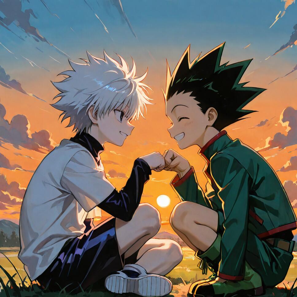 Gon Freecss and Killua Zoldyck from Hunter x Hunter smiling at each other as they share a fist bump while sitting on a grassy hill during a vibrant orange sunset.