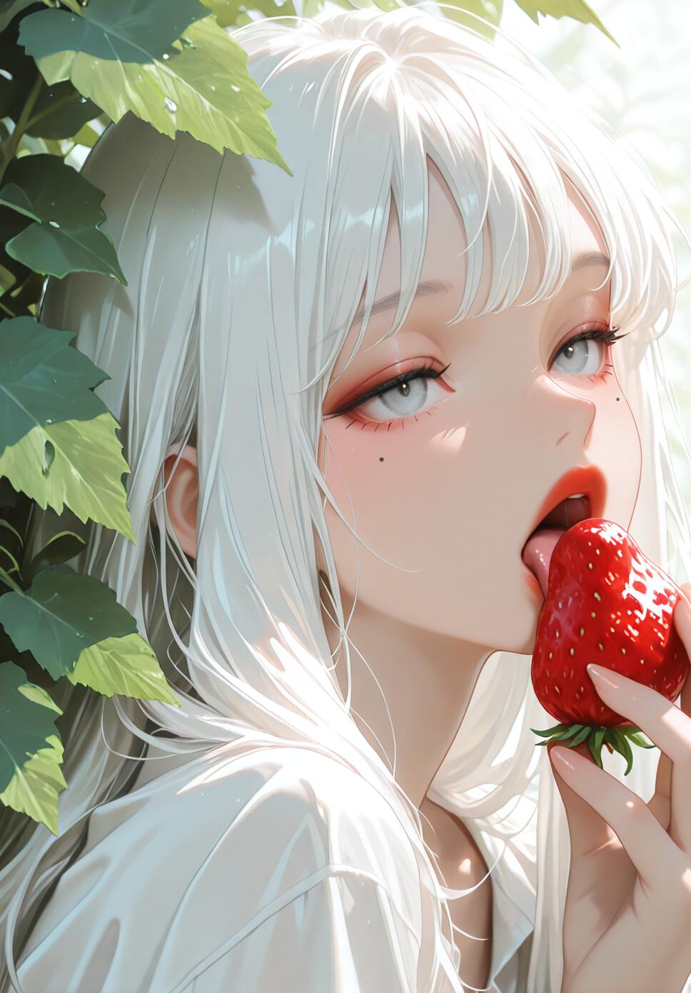 An anime-style illustration of a young woman with long white hair and grey eyes licking a red strawberry she is holding. She is wearing a white shirt, and green leaves are visible in the background.