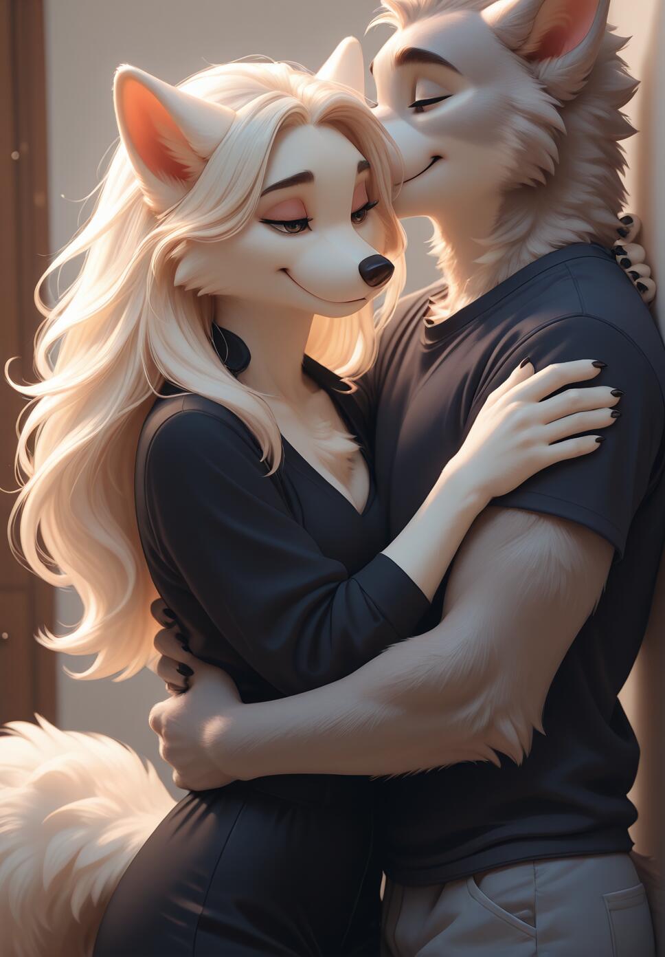 A female anthropomorphic wolf with long blonde hair and a black dress is being lovingly hugged from behind by a male anthropomorphic wolf in a black t-shirt. Both have serene, happy expressions.