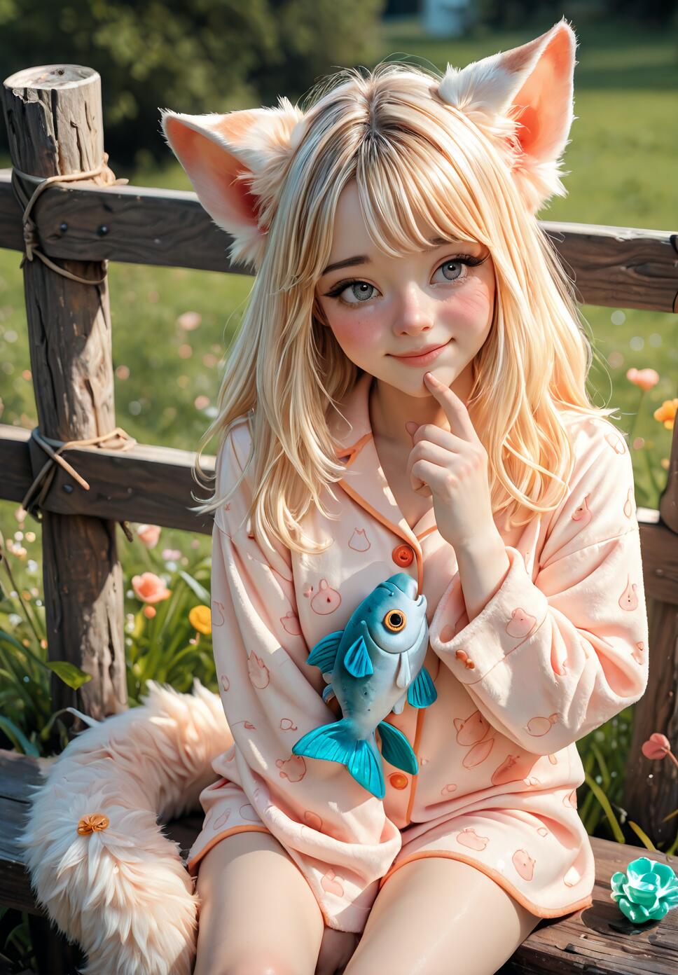A young blonde girl with large furry cat ears and a fluffy tail, wearing pink pajamas, sits on a wooden bench in a field of flowers, holding a blue fish toy and looking thoughtful.