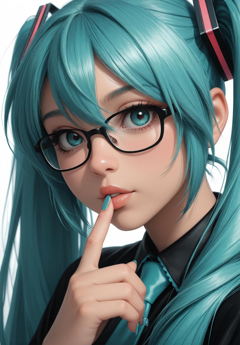 A close-up portrait of Hatsune Miku, a character with long turquoise hair in twintails. She is wearing black glasses and a black shirt with a turquoise tie, holding a finger with a turquoise nail to her lips.