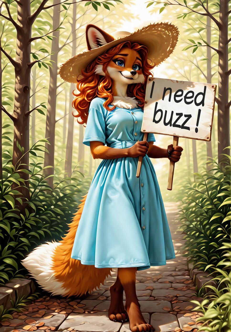An anthropomorphic female fox with red hair and a large tail, wearing a blue sundress and a straw hat, stands on a forest path holding a sign that reads 'I need buzz!'.