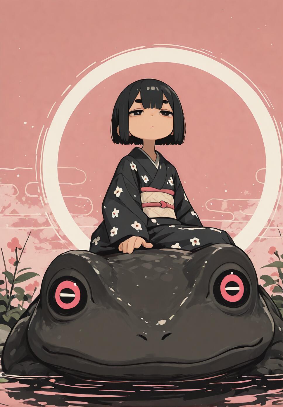 An anime-style illustration of a young girl with short black hair wearing a black floral kimono, sitting on the head of a giant black frog in a pond. The background is pink with a large white circle behind her.