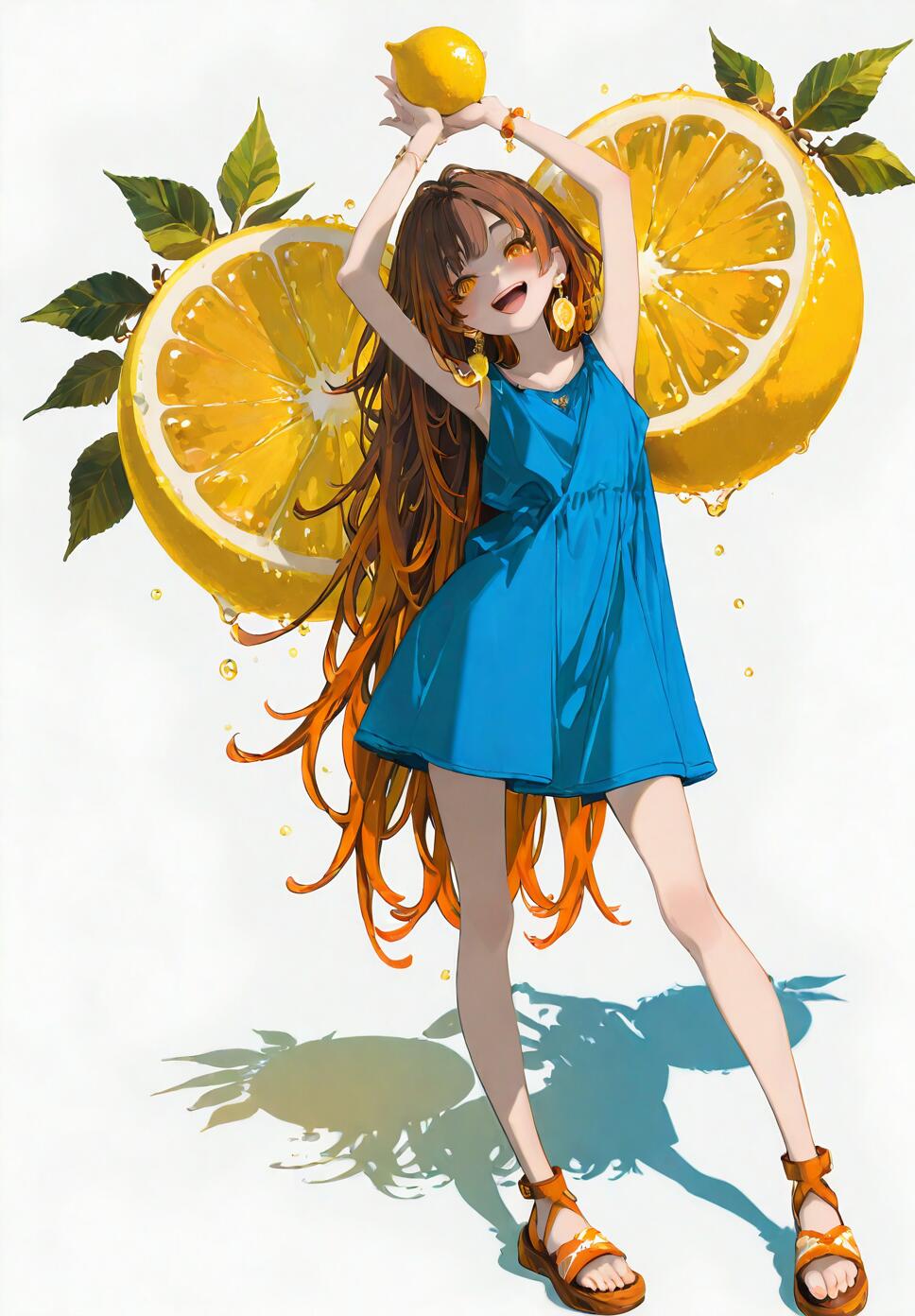 A full-body illustration of a happy anime girl with long brown and orange hair in a blue dress, holding a lemon above her head. Behind her are two giant lemon slices on a white background.