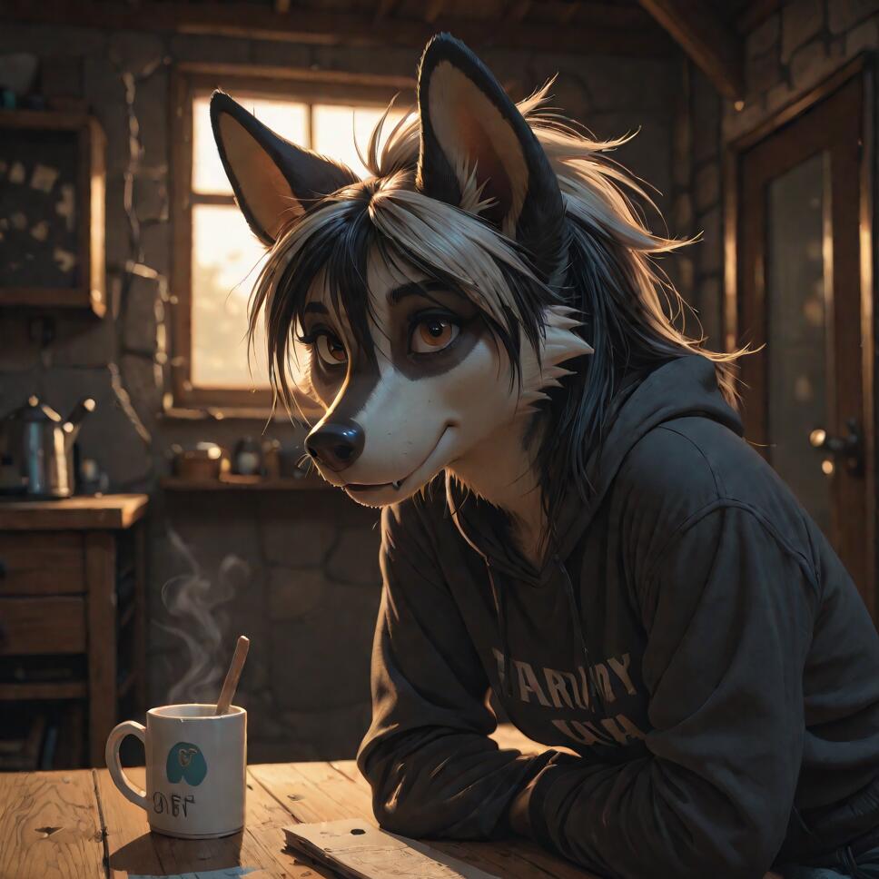 An anthropomorphic aardwolf with black and white fur and large ears, wearing a grey hoodie, sits at a wooden table in a rustic room, looking at the viewer with a mug of a hot, steaming drink in front of them.