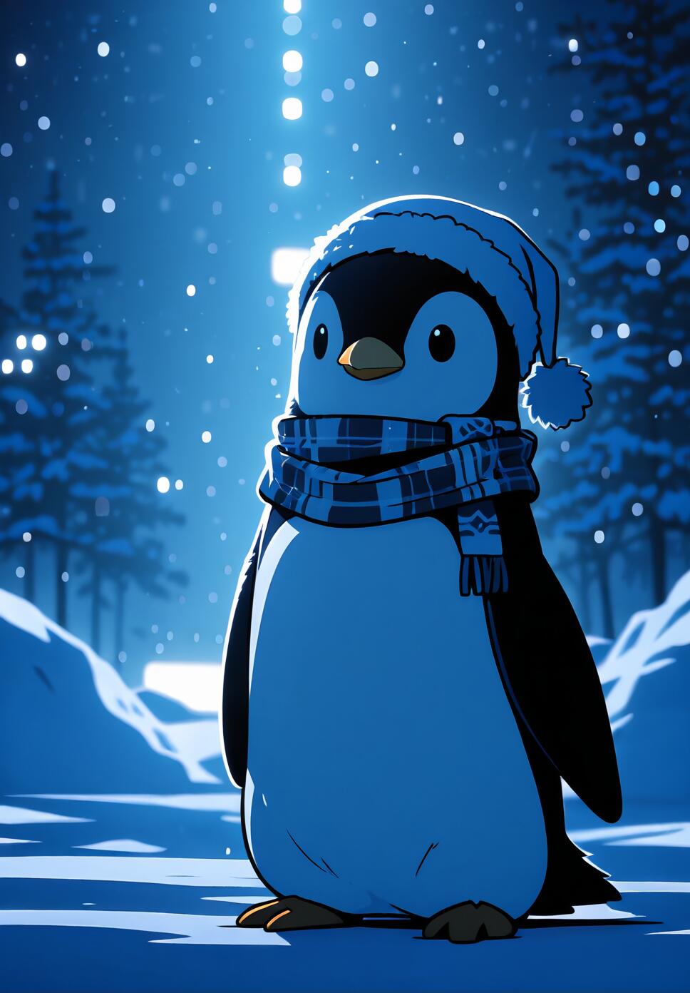 An adorable anime-style penguin wearing a blue winter hat and a matching plaid scarf stands in a snowy forest at night as snow falls around it.