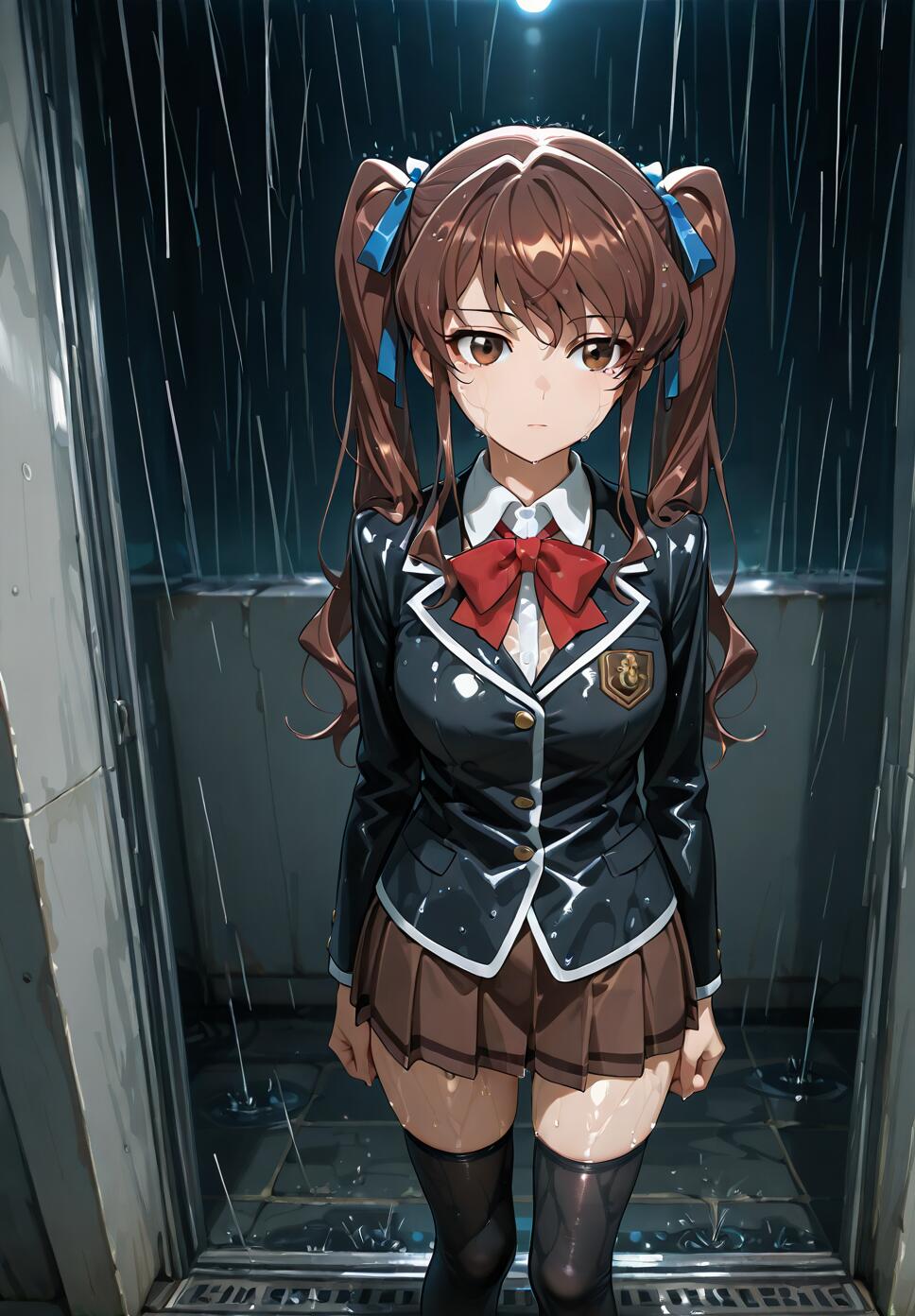 An anime girl with long brown hair in twin tails, identified as Akazawa Izumi, wearing a wet school uniform while standing in a dark, rainy setting and looking directly at the camera.