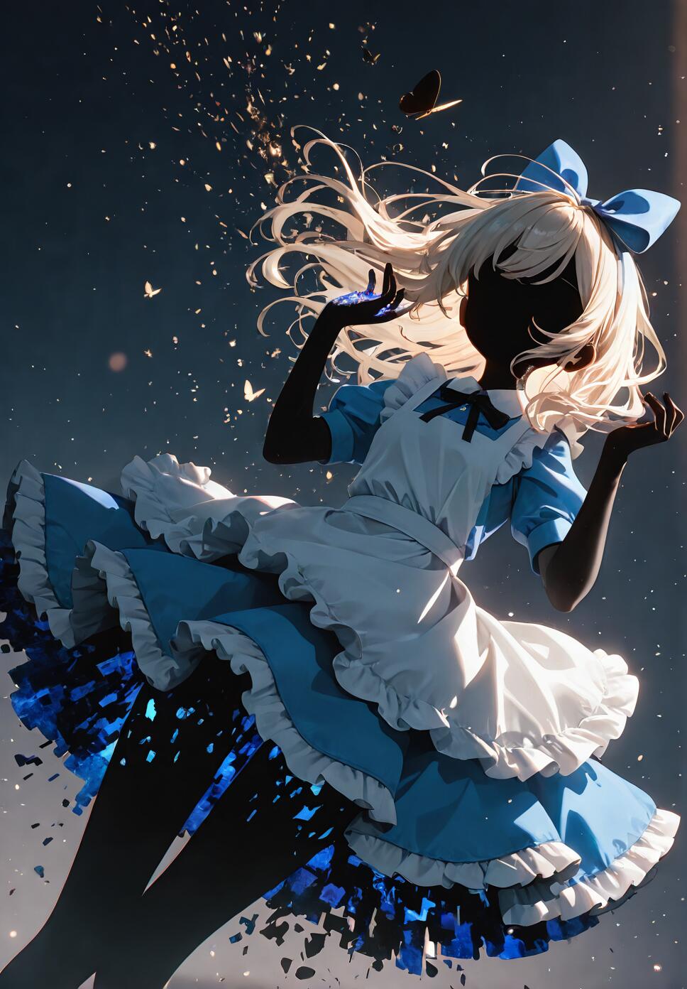An artistic illustration of Alice from Alice in Wonderland, portrayed as a faceless silhouette with flowing platinum blonde hair. She is wearing her classic blue dress and white apron, floating in a dark void surrounded by glowing particles and butterflies as her legs dissolve into digital fragments.