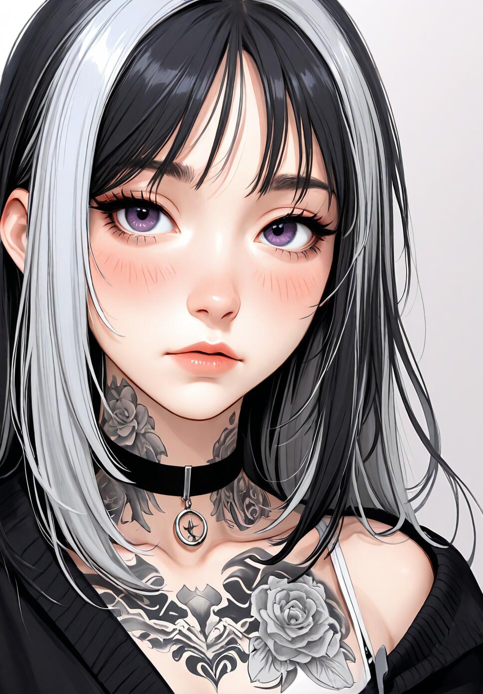 A close-up digital illustration of a beautiful young woman with long black and white hair, captivating purple eyes, and extensive rose tattoos on her neck and chest, wearing a black choker.