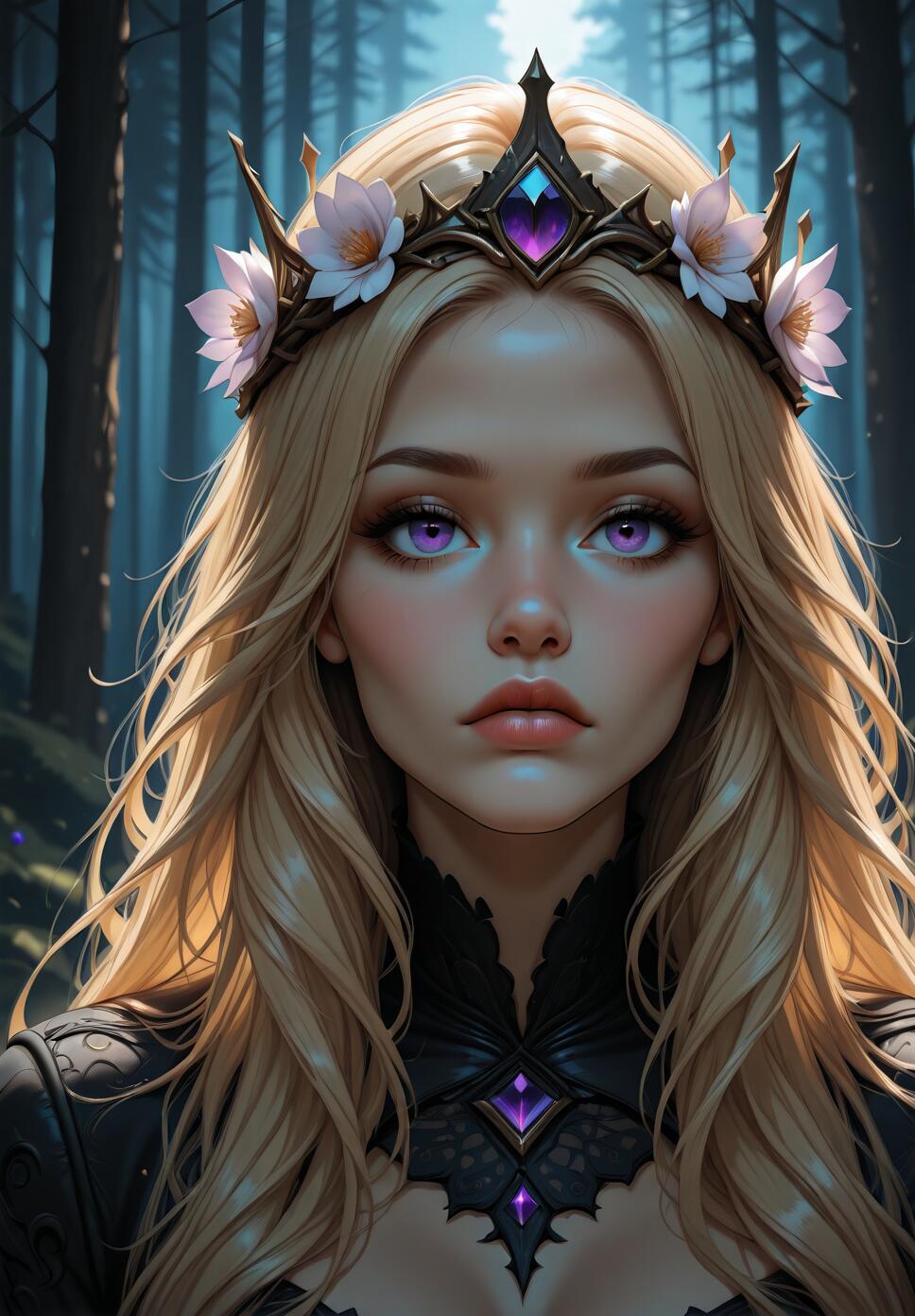 A close-up digital portrait of a beautiful fantasy queen with long blonde hair and vibrant purple eyes. She wears a crown of thorns and flowers with a purple gem in the center, and stands in a dark, misty forest.