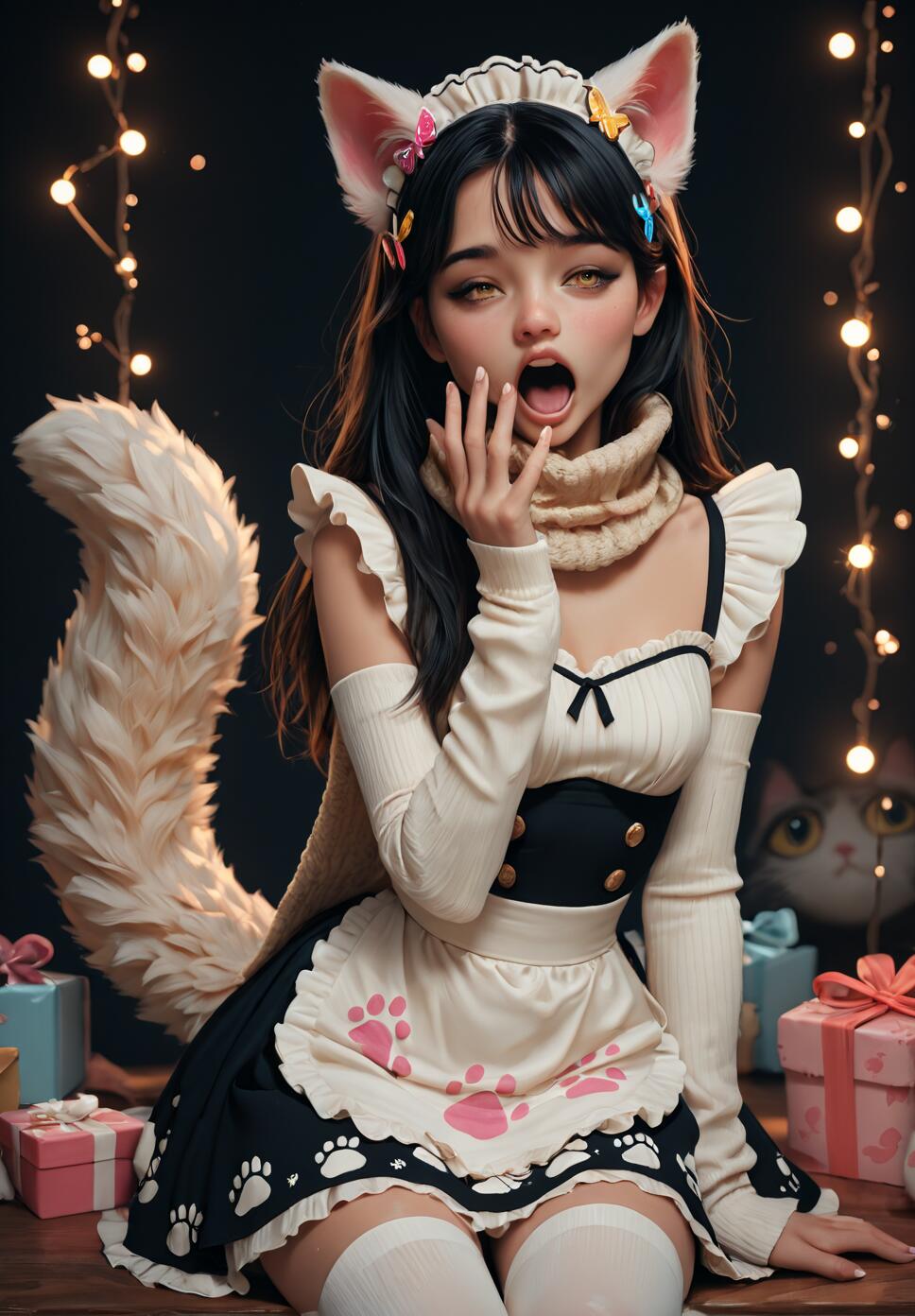 A young woman with black hair, white cat ears, and a fluffy white tail, wearing a black and white maid outfit with an apron featuring paw prints. She has a surprised expression with her mouth open, sitting amidst gift boxes and fairy lights.
