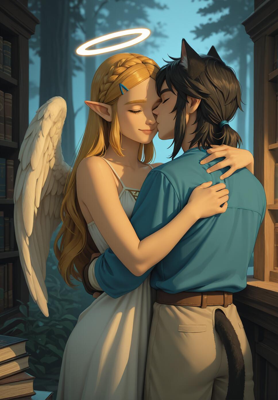 A digital illustration of Princess Zelda, portrayed as an angel with wings and a halo, tenderly hugging Link, who is shown as a boy with black cat ears and a tail. They are in a library with a forest view.