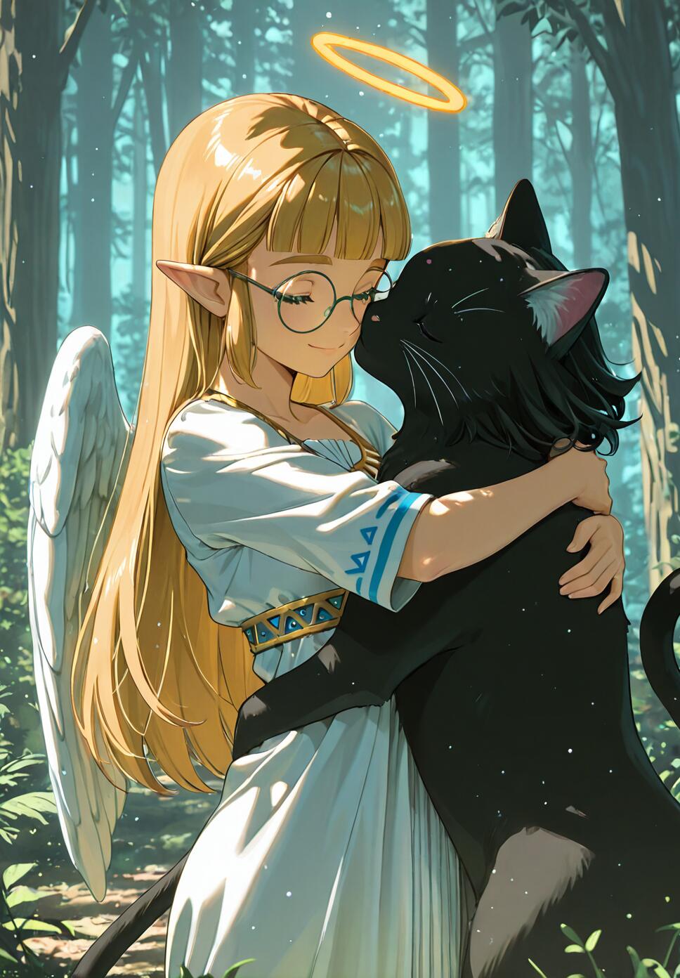 An anime-style illustration of an angelic Princess Zelda with blonde hair, glasses, and white wings, gently hugging a black cat in a sunlit forest.