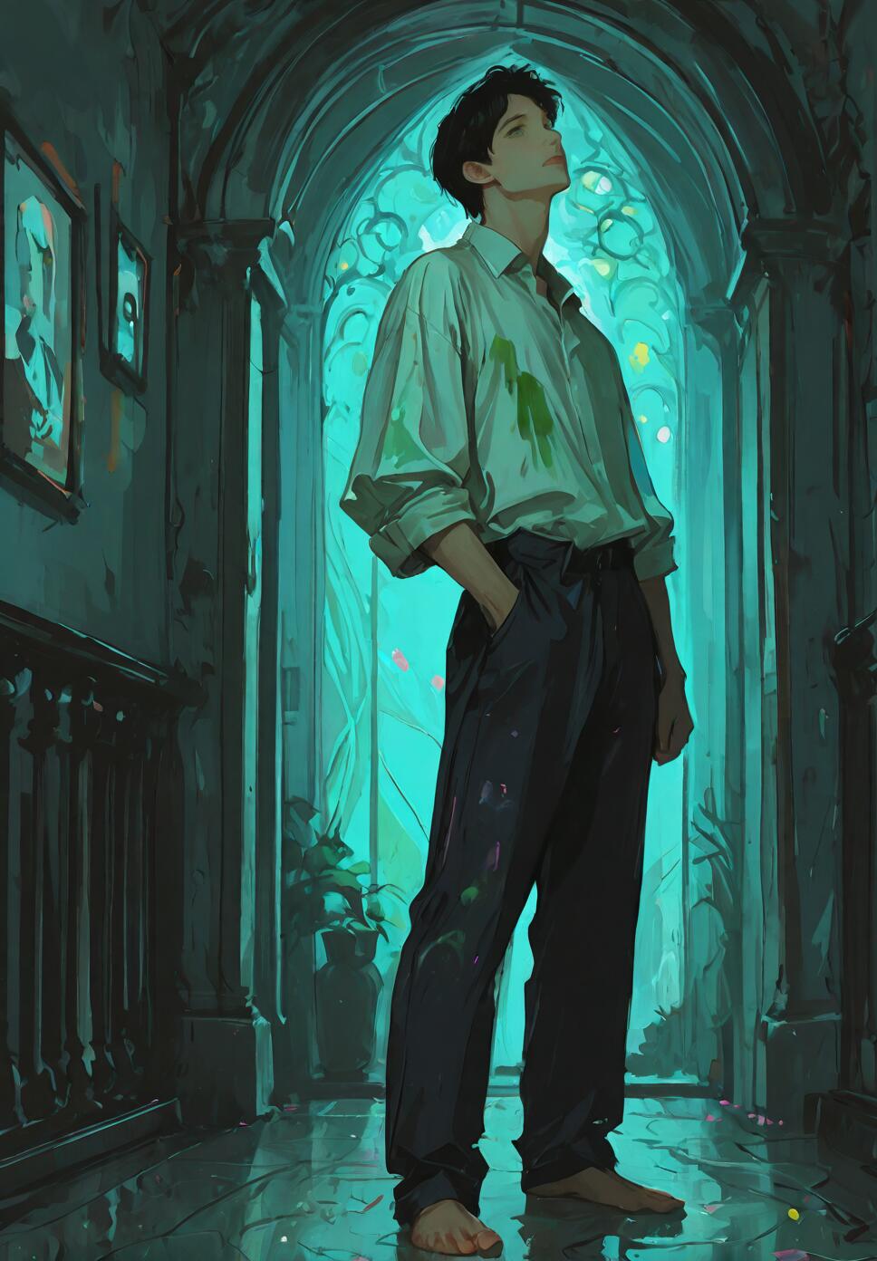 A full-body digital painting of a barefoot artist, a man with black hair, standing in a dark, grand hallway. He wears a paint-stained shirt and trousers, looking up thoughtfully towards a brightly glowing turquoise arched window behind him.
