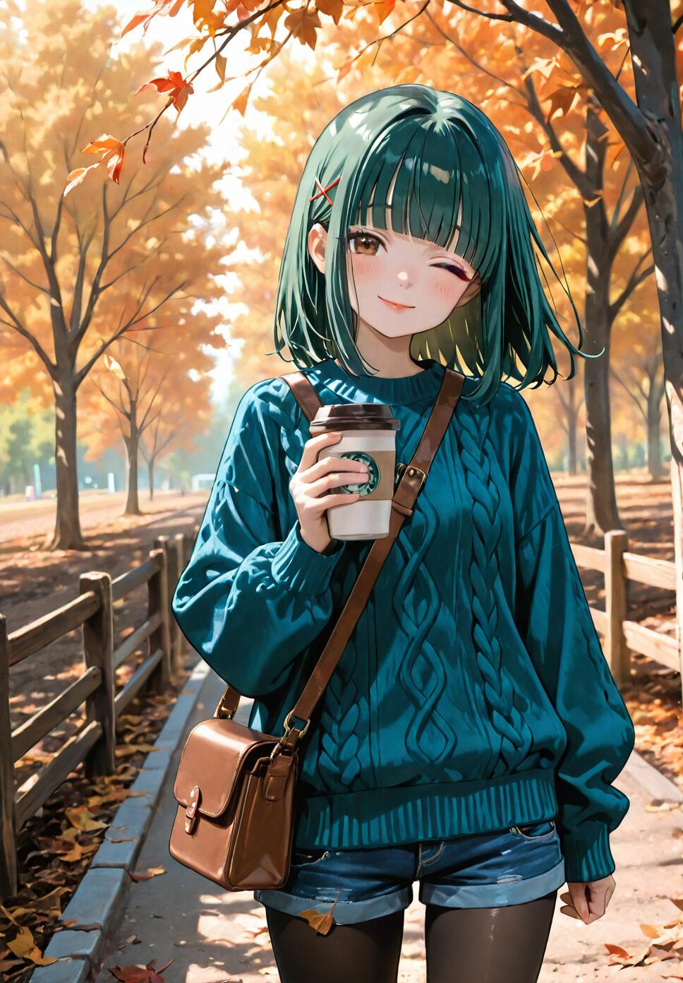 An anime girl with short green hair and a teal sweater winks at the camera while holding a coffee cup on a path surrounded by autumn trees.