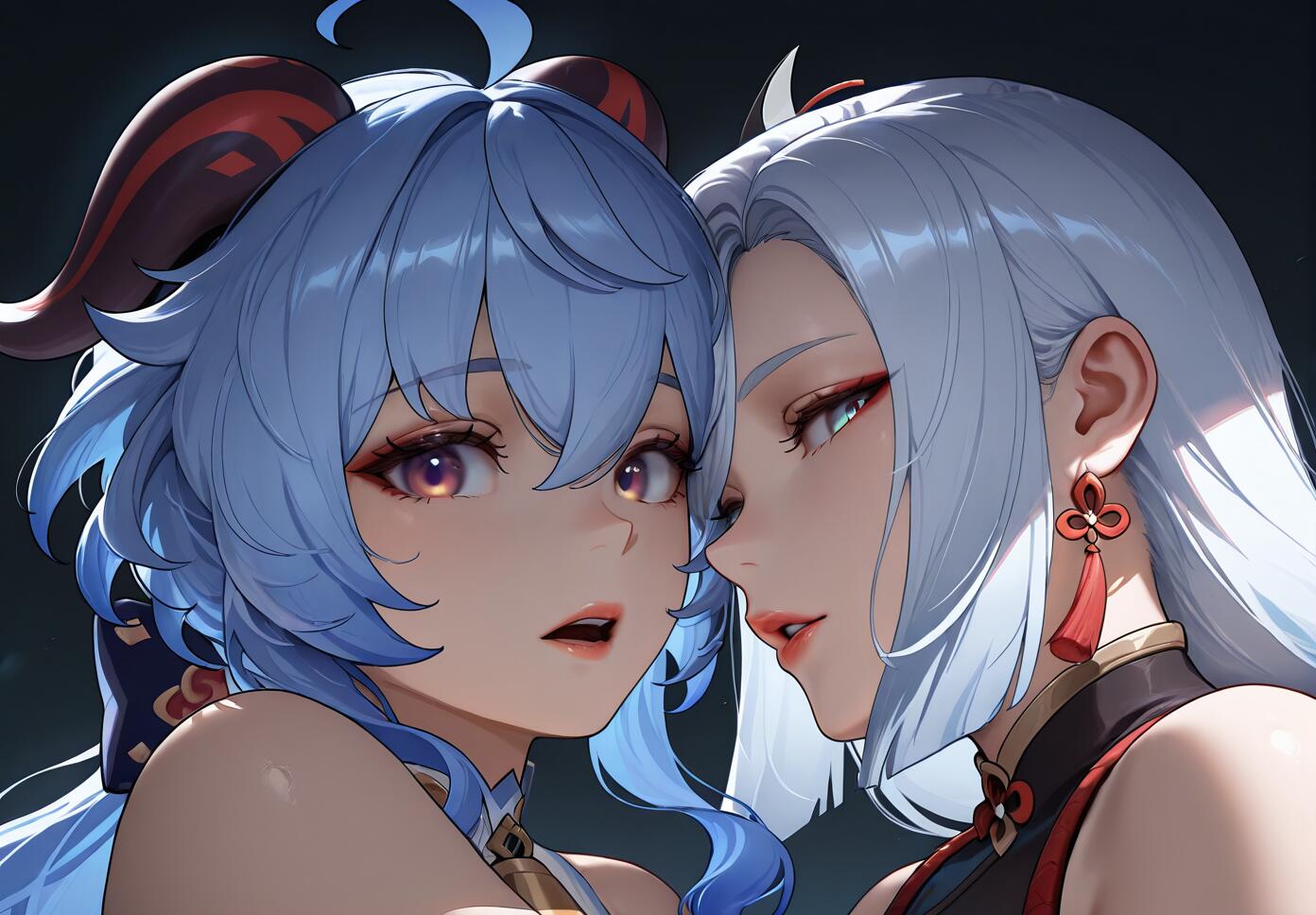 A close-up digital illustration of Ganyu and Shenhe from Genshin Impact. Ganyu, with blue hair and horns, looks surprised, while Shenhe, with long white hair, leans in close to her.
