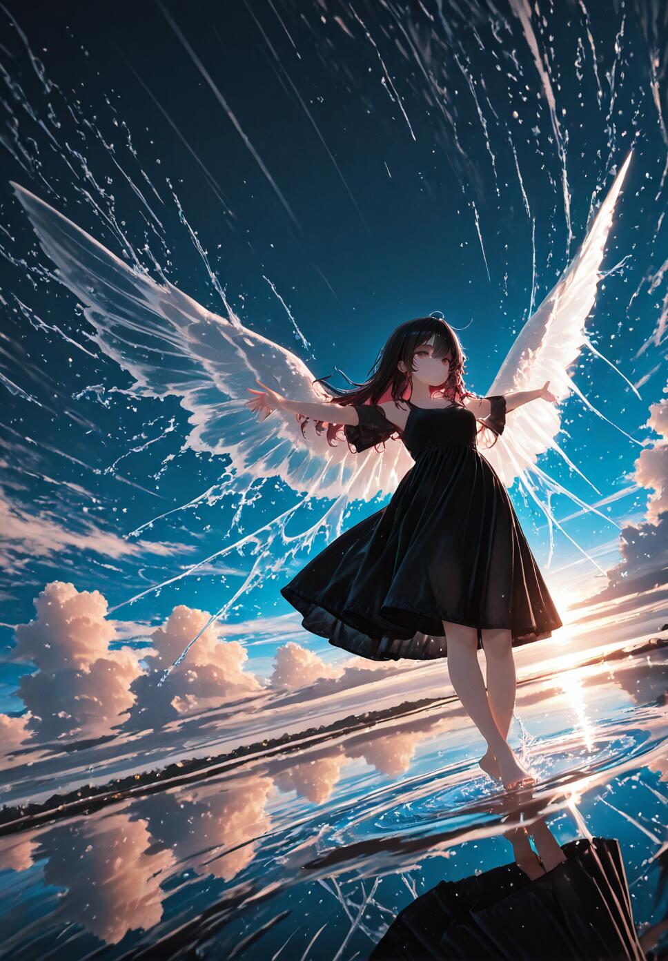 An anime girl with dark hair and large, transparent water wings stands on a reflective water surface under a dramatic blue sky with sunset clouds. She wears a black dress and has her arms spread wide.