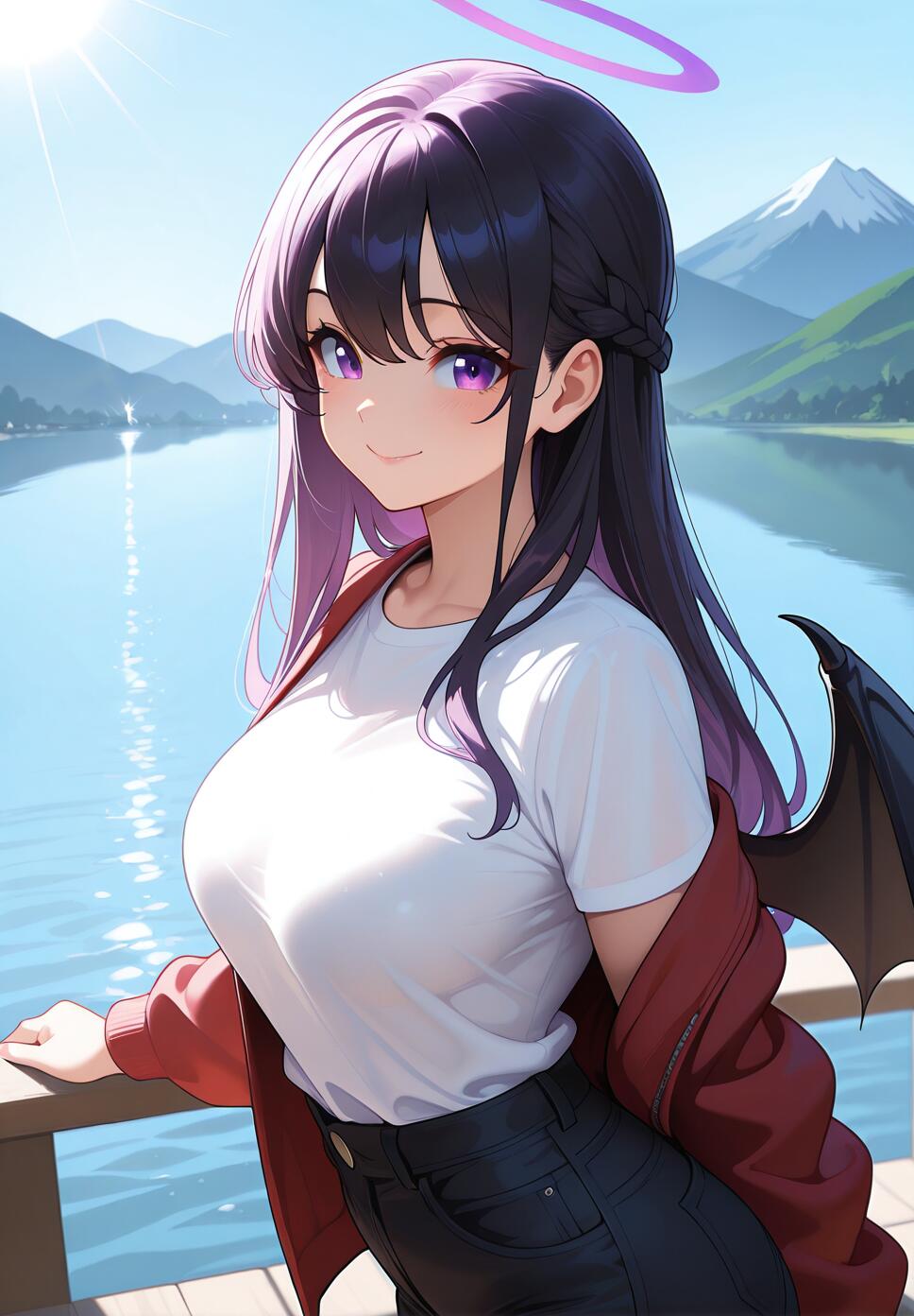 An anime girl with black and purple hair, a purple halo, and black demon wings, wearing a white shirt and red jacket, smiles while standing by a lake with mountains in the background.