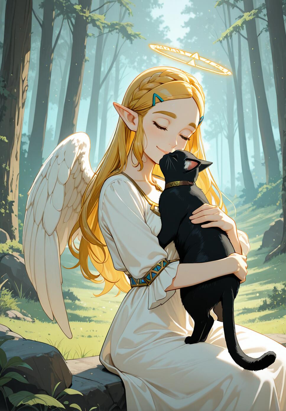 An illustration of Princess Zelda from The Legend of Zelda, portrayed as an angel with white wings and a halo, sitting in a forest and affectionately holding a black cat.