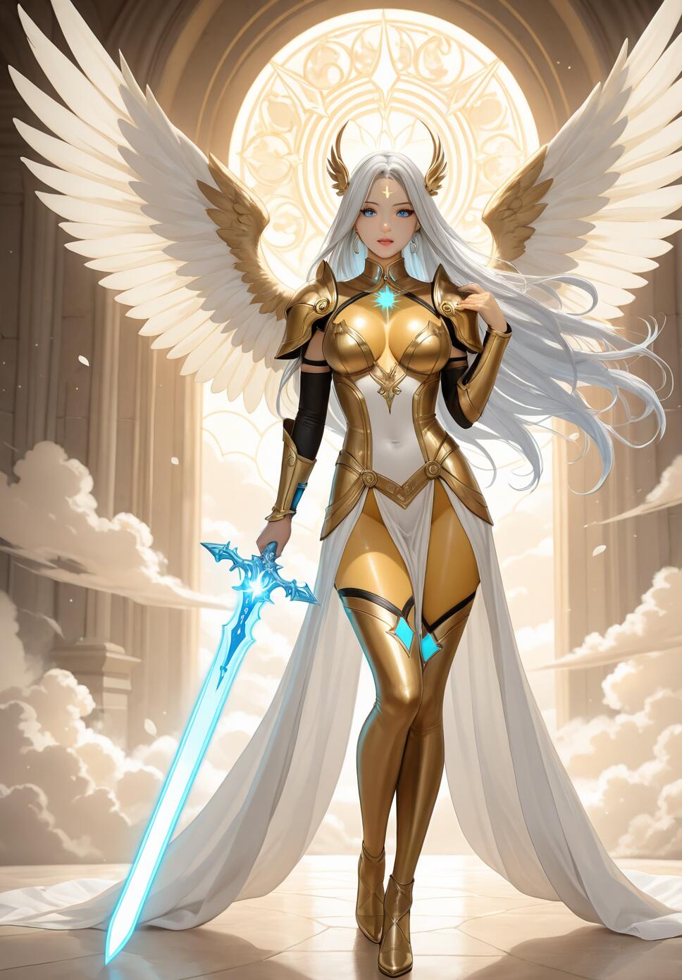 A beautiful female angel warrior with long white hair and large wings, wearing revealing gold and white armor and holding a glowing blue sword in a heavenly hall.
