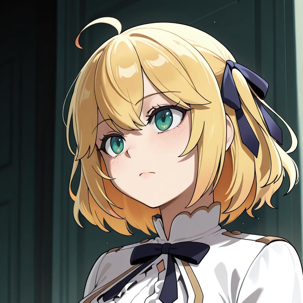 An anime-style illustration of Anisphia Wynn Palettia, a young woman with short blonde hair, green eyes, and a blue hair ribbon, looking seriously to her left.