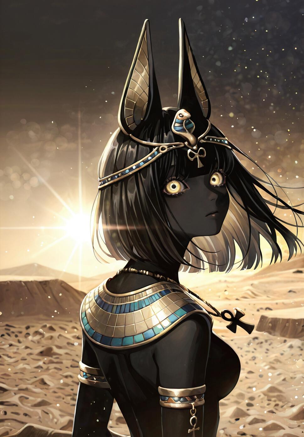 A digital illustration of a female anthropomorphic Anubis with black skin, short black hair, and large jackal ears, wearing Egyptian jewelry and looking over her shoulder in a sunny desert.
