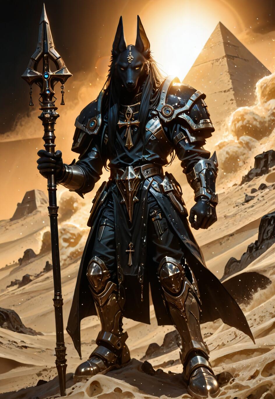 A full-length illustration of the Egyptian god Anubis with a jackal head, wearing intricate black and gold futuristic armor. He is holding a large, ornate spear and standing in a desert landscape with a large pyramid behind him under a bright sun.