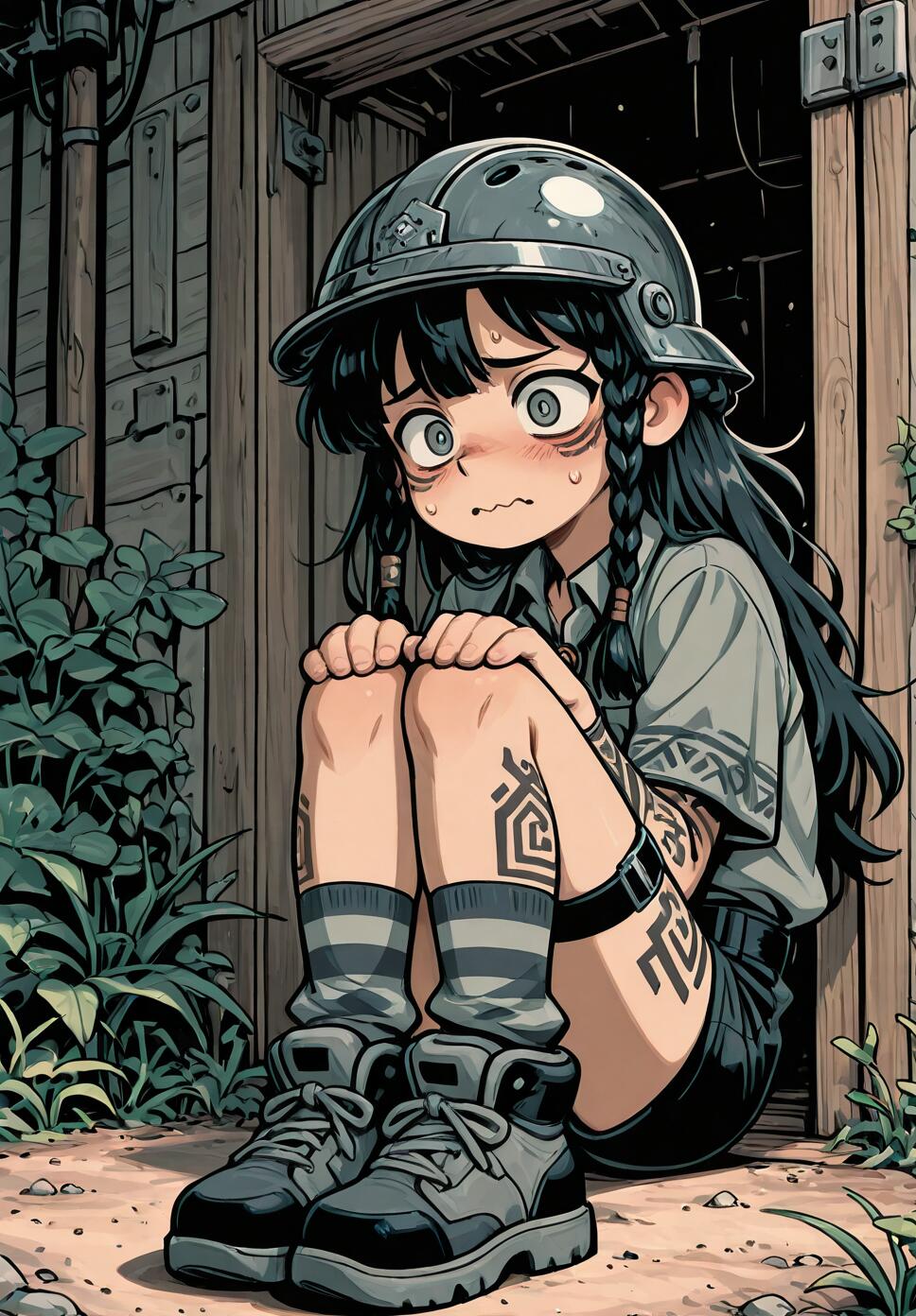 A young anime character with black braids, a helmet, and tribal tattoos sits in a doorway, hugging their knees with a scared and anxious expression on their face.