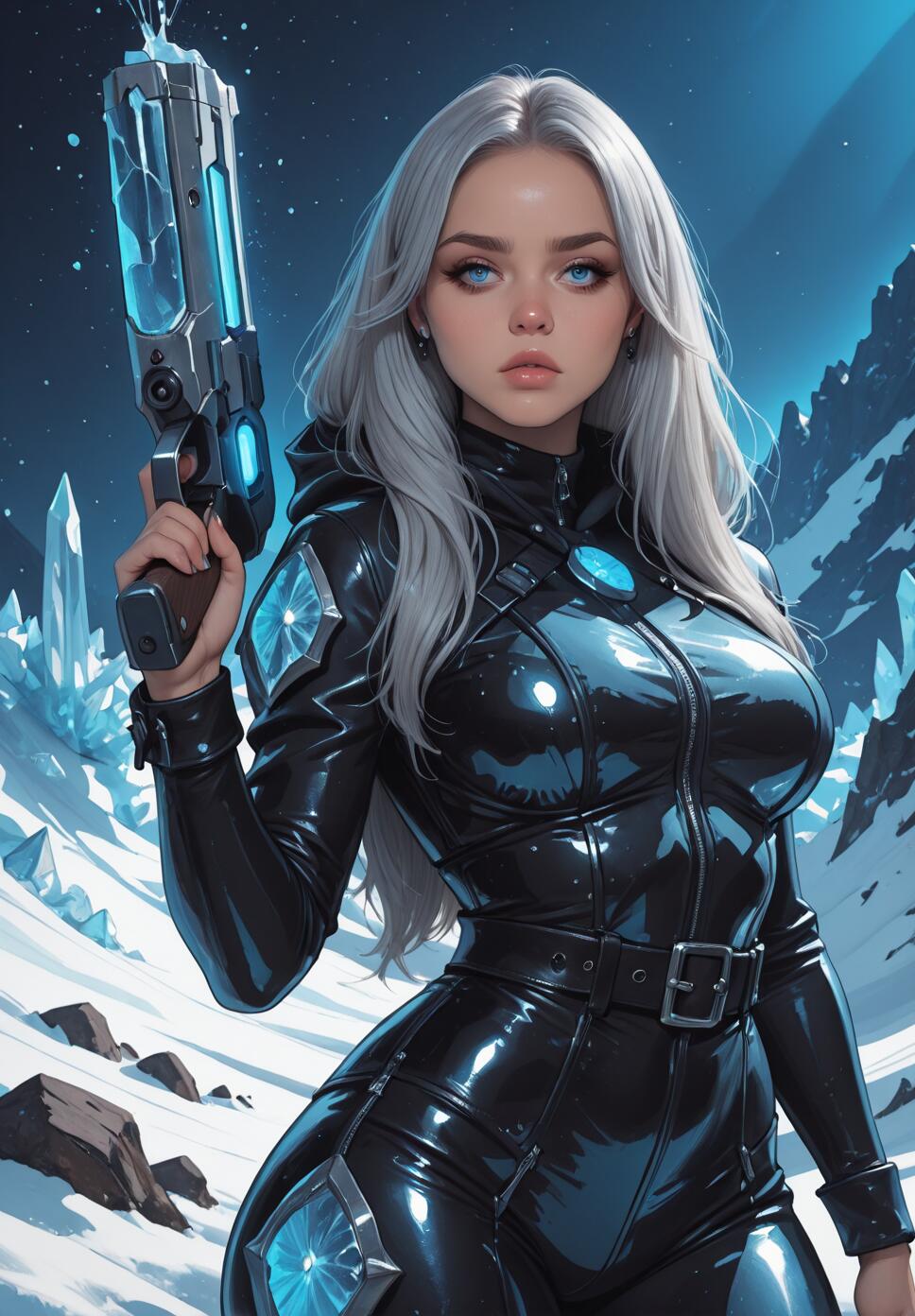 A female sci-fi character with long silver hair and bright blue eyes, wearing a tight black leather suit and holding a large, glowing blue plasma pistol in a snowy mountain environment.