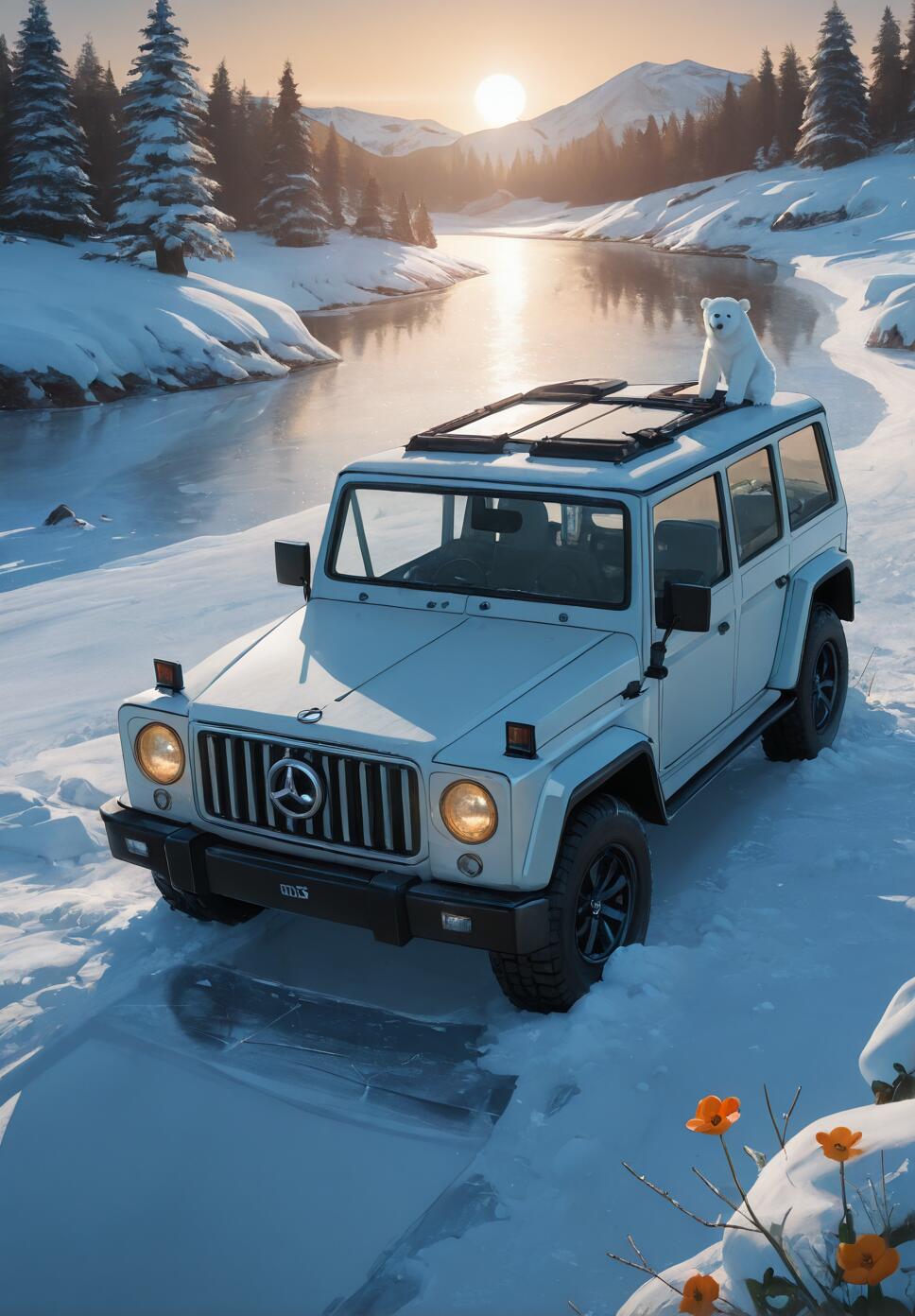 A white off-road vehicle with a small polar bear cub on its roof is parked in a snowy landscape by a frozen river during a golden sunrise, with orange flowers in the foreground.