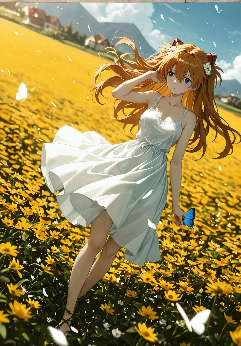A full-body illustration of the anime character Asuka Langley Soryu from Neon Genesis Evangelion, standing in a field of yellow flowers. She is wearing a flowing white sundress, and her orange hair is blowing in the wind as she looks to the side. A blue butterfly is perched on her finger.