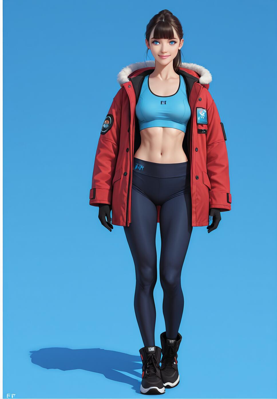 A full-body illustration of a young anime-style woman with dark hair and blue eyes, smiling at the camera. She wears a blue sports bra, dark leggings, and an open red winter parka with a fur-trimmed hood against a bright blue background.
