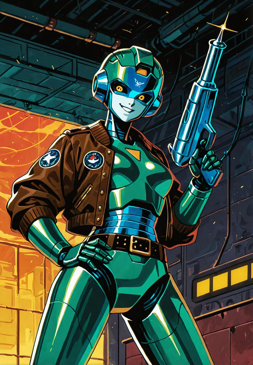 A retro-style illustration of a female robot pilot with a green metallic body, wearing a brown bomber jacket and holding a silver ray gun while smirking confidently.